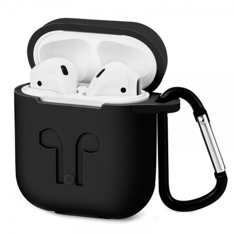 Чехол силиконовый плотный с карабином для AirPods, черный-1