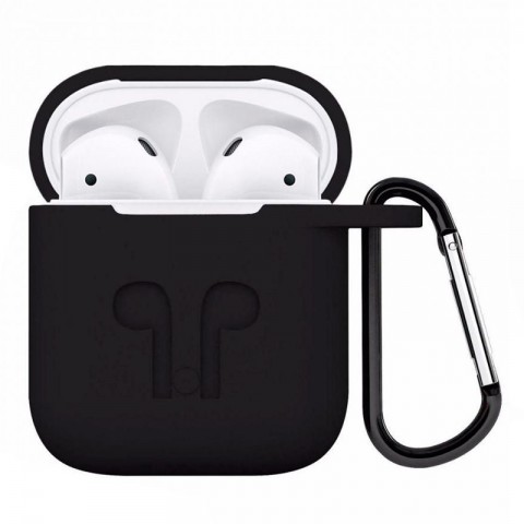 Чехол силиконовый плотный с карабином для AirPods, черный