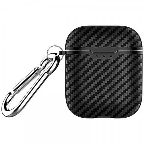 Чехол TPU имитация "Карбон" для AirPods, с карабином, черный
