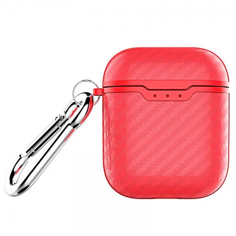 Чехол TPU имитация "Карбон" для AirPods, с карабином, красный