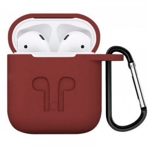 Чехол силиконовый плотный с карабином для AirPods, бордовый