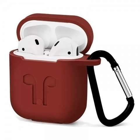 Чехол силиконовый плотный с карабином для AirPods, бордовый-1