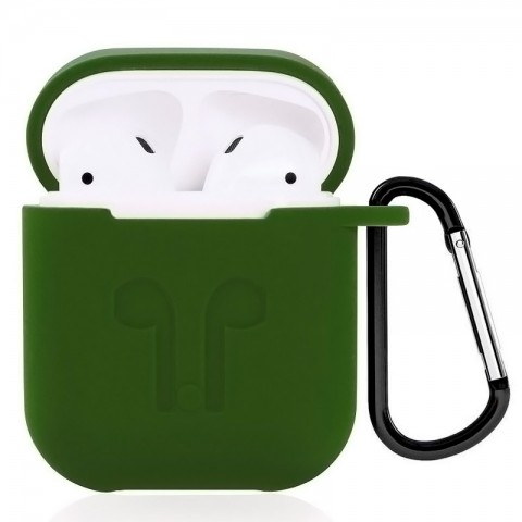 Чехол силиконовый плотный с карабином для AirPods, тёмно-зеленый