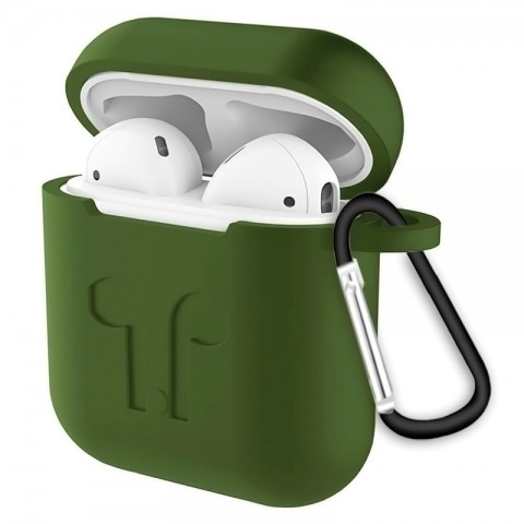 Чехол силиконовый плотный с карабином для AirPods, тёмно-зеленый-1