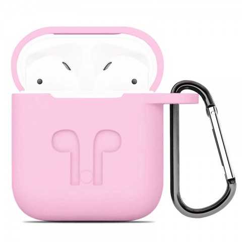 Чехол силиконовый плотный с карабином для AirPods, розовый