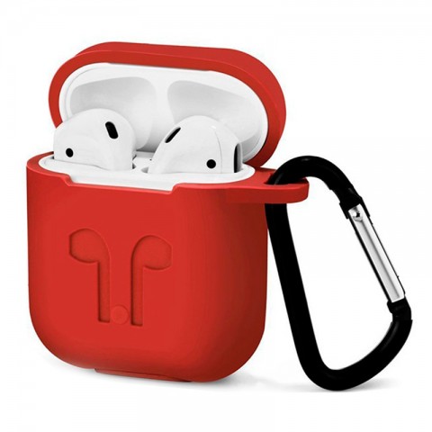Чехол силиконовый плотный с карабином для AirPods, красный-1