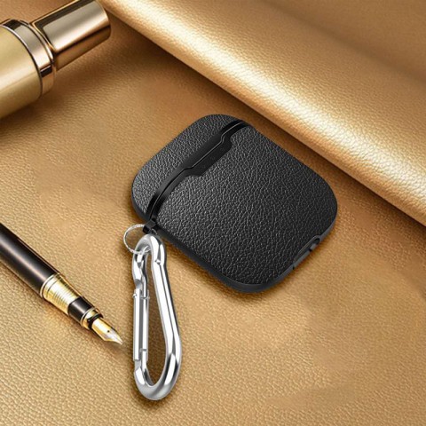Чехол TPU текстура "кожа" для AirPods, с карабином, черный-1