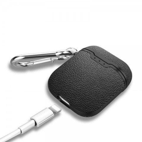 Чехол TPU текстура "кожа" для AirPods, с карабином, черный-3