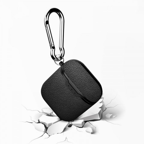 Чехол TPU текстура "кожа" для AirPods, с карабином, черный-2