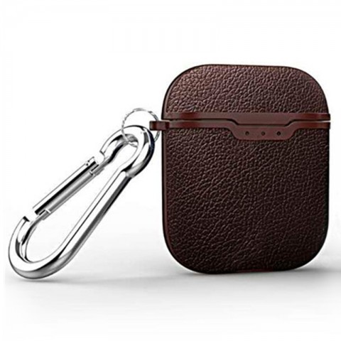 Чехол TPU текстура "кожа" для AirPods, с карабином, коричневый