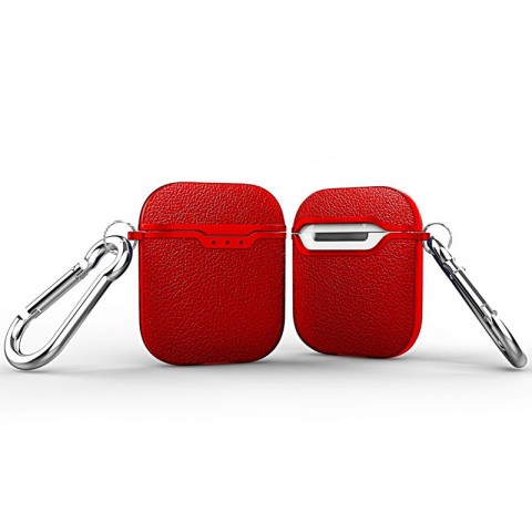 Чехол TPU текстура "кожа" для AirPods, с карабином, красный-1