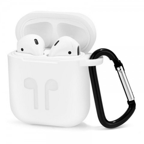 Чехол силиконовый плотный с карабином для AirPods, белый-1