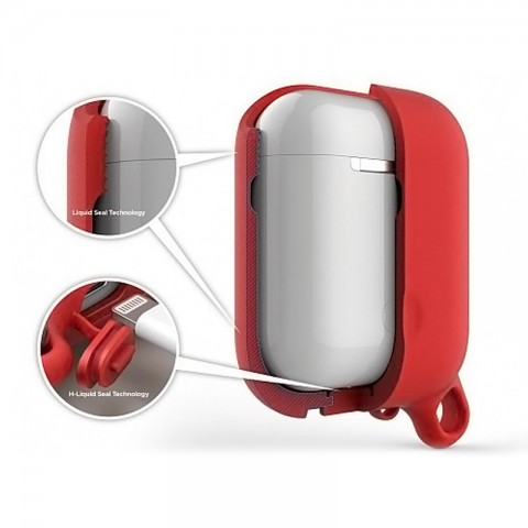 Чехол силиконовый влагозащитный с карабином для AirPods, красный-1