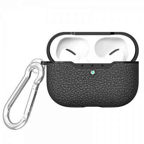 Чехол TPU рельеф "кожа" для AirPods Pro, с карабином, черный-2
