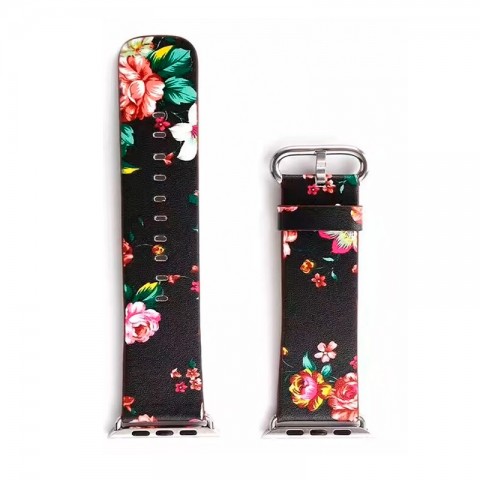 Ремешок кожаный с рисунком для Apple Watch 42 мм (цветы, чёрный)-1