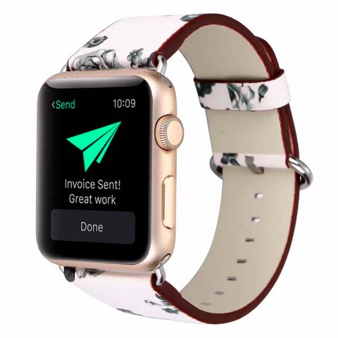 Ремешок кожаный с рисунком для Apple Watch 42/44 мм (цветы, белый)-2