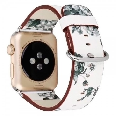 Ремешок кожаный с рисунком для Apple Watch 42/44 мм (цветы, белый)