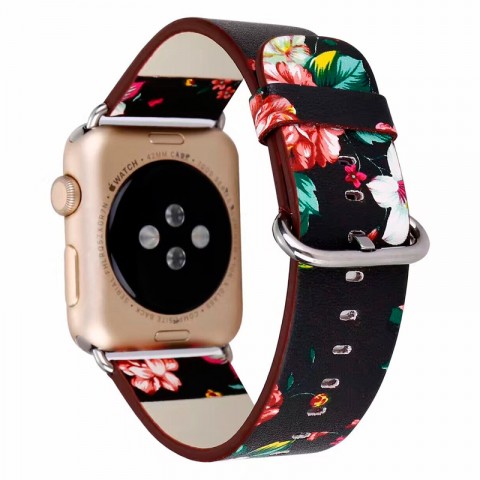 Ремешок кожаный с рисунком для Apple Watch 42 мм (цветы, чёрный)