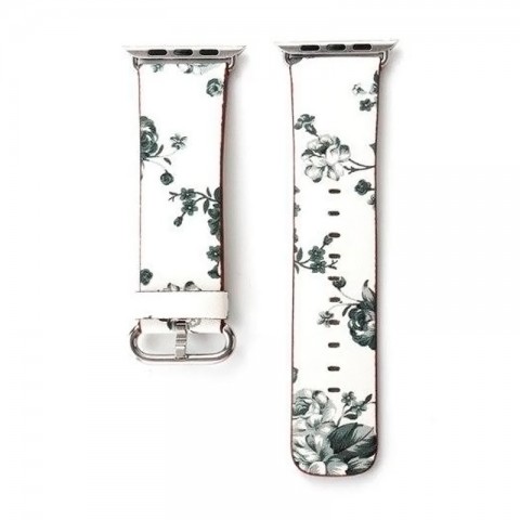 Ремешок кожаный с рисунком для Apple Watch 42/44 мм (цветы, белый)-1