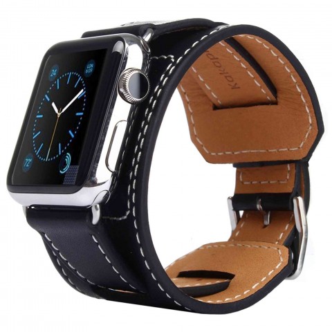 Ремешок кожаный широкий для Apple Watch 42/44мм, черный