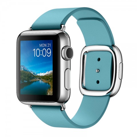 Ремешок кожаный с современной пряжкой 42/44мм для Apple Watch, размер М, голубой-3