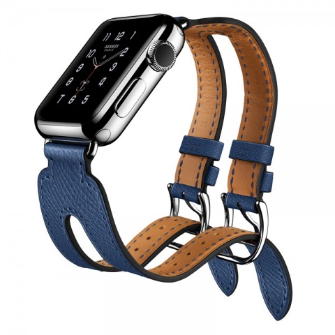 Ремешок кожаный с двойной пряжкой для Apple Watch 42/44мм, синий