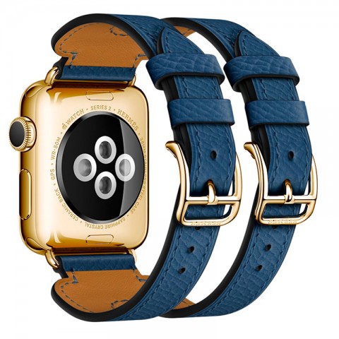 Ремешок кожаный с двойной пряжкой для Apple Watch 42/44мм, синий-3