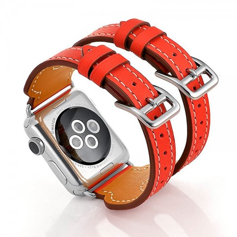 Ремешок кожаный с двойной пряжкой для Apple Watch 38/40мм, красный-1