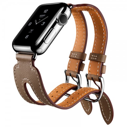 Ремешок кожаный с двойной пряжкой для Apple Watch 42/44мм, серо-коричневый