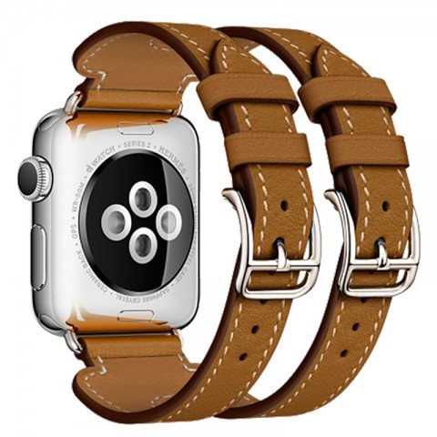Ремешок кожаный с двойной пряжкой для Apple Watch 42/44мм, серо-коричневый-3