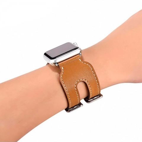 Ремешок кожаный с двойной пряжкой для Apple Watch 42/44мм, светло-коричневый-3