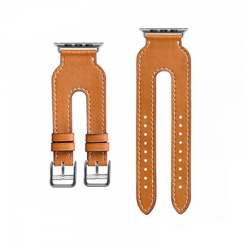 Ремешок кожаный с двойной пряжкой для Apple Watch 42/44мм, светло-коричневый-1